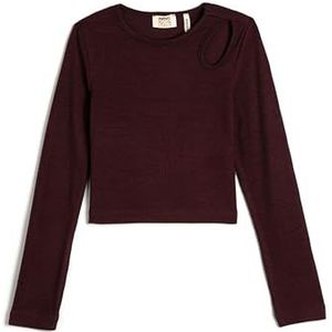 Koton Girls's Basic T-shirt Cut Out Detail Long Sleeve Crew Neck Ribbed Cotton Blouse, Bordeux (467), 4-5 Jaar