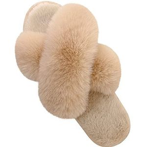 Parlovable Fuzzy pantoffels voor dames, comfortabele crossband, huisschoenen, traagschuim, open teen, indoorgeschenken voor dames., Kameel, 7-8