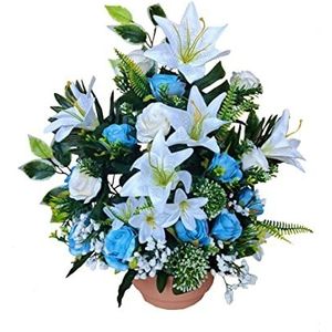 DRW Centrum voor kunstbloemen, begraafplaats, heiligen, jubilea, blauwe en witte rozen en lelies, 50 cm breed x 55 cm hoog x 25 cm diep (ca.)