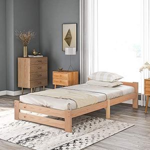 Merax Solide massief houten bed, futonbed, massief hout, natuurlijk bed met hoofdeinde en lattenbodem, natuur (200x90cm)
