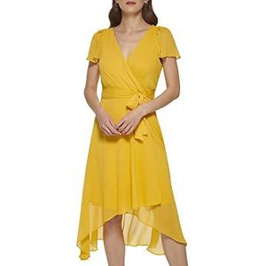 DKNY Dames korte mouwen asymmetrische zoom faux wrap jurk, gouden, 10, goud, 10