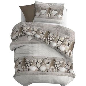 PENSIERI DELICATI Beddengoedset voor eenpersoonsbed, flanel, 100% katoen, dekbedovertrek 155 x 200 cm en kussensloop 52 x 82 cm, gemaakt in Italië, machinewasbaar op 40 °C, motief Gnomo beige