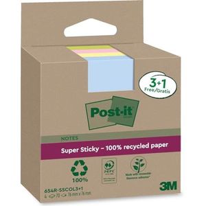 Post-it Super Sticky 100% gerecyclede notities, verpakking van 3 + 1 gratis pads, 70 vellen per pad, 76 mm x 76 mm, roze, groen, geel, blauw - extra plaknotities gemaakt van 100% gerecycled papier