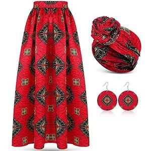 3 stuks Afrikaanse rok voor dames, bedrukt, maxirok, lange rok met zakken, boho-stijl, casual jurk, hoofdwikkel, sjaal, hangende oorbellen, Meerkleurig, M