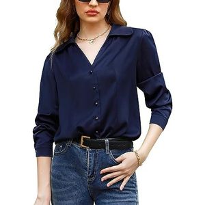 Irevial Dames satijn vintage V-hals blouse elegant lange mouwen casual bovenstuk hemd losse lange mouwen tops, marineblauw, L