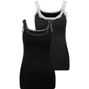 Ulla Popken, dames, grote maten, 2 stuks onderhemden, kant en stippen, zwart, 42-44