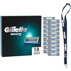 Gillette Gillette Mach 3 scheermesjes, 18 reservemesjes voor scheerapparaat, 3 messen, verbeterd glijden dankzij smeerstrips, nekband inbegrepen