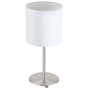 EGLO Tafellamp Pasteri, 1-lichts bedlampje van staal en stof, kleur: mat nikkel, wit, fitting: E27, inclusief schakelaar, hoogte: 40 cm