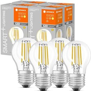 LEDVANCE Slimme LED-lamp met Wifi, E27-basis, Dimbaar, Warm wit (2700K), Teardrop-vorm, Heldere gloeidraad, Vervanging voor conventionele 40W-lampen, Bedienbaar met Alexa, Google & App, 4-pak