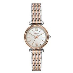 Fossil Carlie Mini horloge voor dames, Quartz uurwerk met roestvrij stalen of leren band, Zilverkleurig en roségoudkleurig
