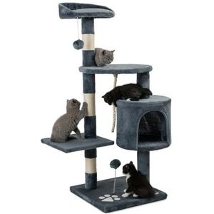 lionto krabpaal voor katten met 2 pluche ballen & speeltouw, hoogte 112 cm, kattenboom met sisaltouw & pluche, comfortabele ligplaats & hol, geschikt voor kleine & grote katten, grijs