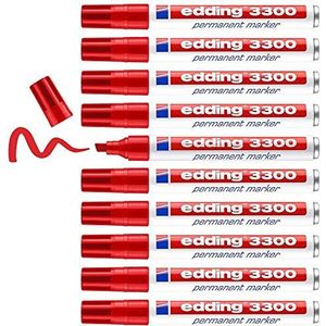edding 3300 permanent marker - rood - 10 stiften - beitelpunt 1-5 mm - sneldrogende permanent marker - water- en wrijfvast - voor karton, kunststof, hout, metaal - universele marker