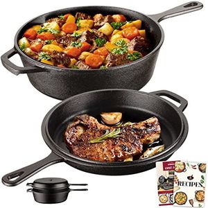 Overmont Gietijzeren pan, brood bakken, gietijzeren braadpan met deksel, lange handgreep, 2-in-1 Cast Iron Pot met receptenboek, gebruiksklaar ingebrand, voor keuken, camping, tuin, BBQ, bakken,