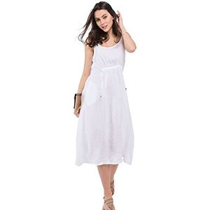 Bonateks Damesjurk, 100% linnen, gemaakt in Italië, lange jurk met bandjes met veters aan de voorkant en zakken, wit, maat: XL, Wit, XL