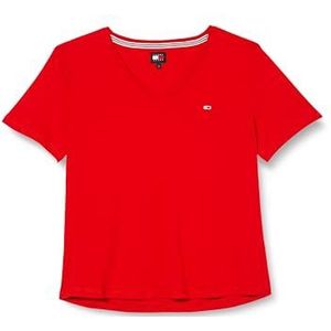 Tommy Jeans Dames T-shirt met korte mouwen en slanke V-hals, Wit/Rood, XS