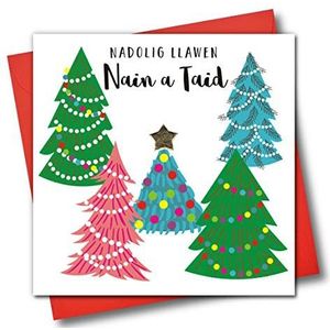 Welsh taal Versierd Kerstmis wenskaart, Nadolig Llawen, Nain A Taid, Vrolijk Kerstmis oma & opa, kerstbomen