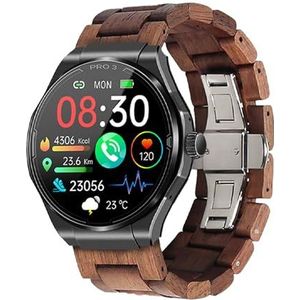 Knauermann PRO 3 (2024) zwart - gezondheidshorloge smartwatch met telefoonfunctie - ECG + HRV en SOS-functie - AMOLED-display, BT Bluetooth - slaapapneu - echt houten band donkerbruin, 14-24, rond,