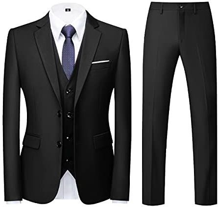 Mannen, Pakken, driedelig, Slim Fit, Single Breasted, Twee Knoppen, Bruiloft, Smoking, Pak, Blazer, Vest, Broek, Zwart, XL