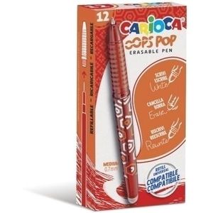 Carioca Oops Pop Uitwisbare stiften, rood, 12 stuks, set uitwisbare navulbare pennen voor school en kantoor met capuchon, dubbel rubber en ergonomische handgreep, rode stiften, 12 stuks