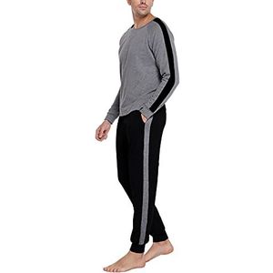 Doaraha Pyjama voor heren, met lange mouwen, katoen, geruit, loungewear, nachtkleding met geruite broek voor de winter, 1175# Donkergrijs/Zwart - Lange mouw, S