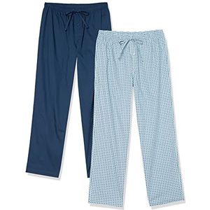 Amazon Essentials Herenpyjamabroek, katoen, popeline, volledige lengte, pak van 2, blauwe geo-print/indigo, XX-Small