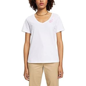 edc by ESPRIT T-shirt met V-hals en bloemenborduurwerk, wit, XS