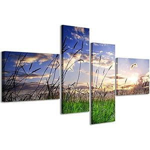 Stampe su Tela Afbeelding op canvas, zonsondergang op groene weide, moderne druk in 4 panelen, kant-en-klaar ingelijst, canvas, klaar om op te hangen, 200 x 100 cm