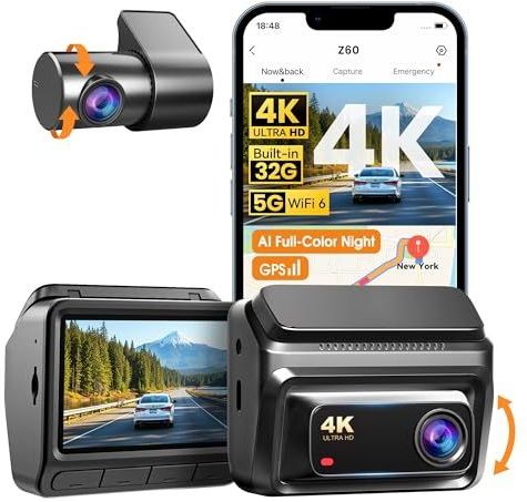 DDPAI Dashcam, Echte 4K + 1080P Dashcam Auto Voor en Achter met Ingebouwde 32GB eMMC, Volledige Kleur Nachtzicht, 4G LTE Ondersteuning, 5GHz WiFi 6, GPS, 24H Parkeermodus, 3"" IPS Display, ADAS, Z60