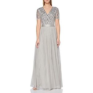Maya Deluxe Maxi-jurk voor dames, bruidsmeisje, V-hals, baljurk met korte mouwen, lang, elegant, empire-taille, bruiloft, Zacht Grijs, 38