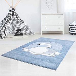 Carpet City Kindertapijt hoogwaardig Bueno met contoursnit, glanzend garen met zwanenpatroon in blauw voor kinderkamer maat 160/230 cm, 160 cm x 230 cm