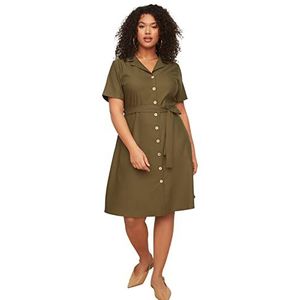 Trendyol Vrouwen Plus Size Mini Shirt Jurk Ontspannen Geweven Plus Size Jurk, Kaki, 70 grote maten