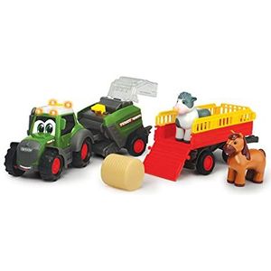 Dickie Toys - ABC Fendt Tractor - met aanhanger, hooibalpers en dieren (dioramaset), speelgoedtrekker (30 cm) met licht en geluid - voor kinderen vanaf 12 maanden