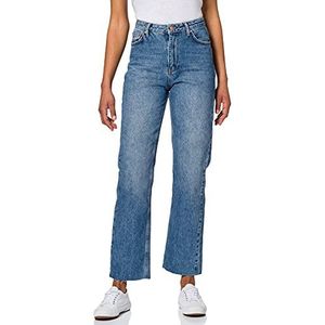 NA-KD Rechte damesjeans met hoge taille en ruwe zoom, Mid Blauw, 32