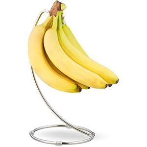 Relaxdays bananenhouder met haak, ronde voet, ook voor druiven, verchroomd ijzer, onderhoudsvriendelijk, zilverkleurig
