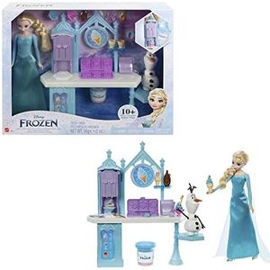 Mattel Disney Frozen Speelgoed, Toetjesspeelset met Elsa pop, Olaf figuur, 2 kleuren klei en meer dan 10 speelonderdelen, geïnspireerd op Disney Frozen films HMJ48