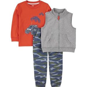 Simple Joys by Carter's Toddler Boys' 3-Piece Fleece Vest, Long-Sleeve Shirt, and Woven Pant Playwear Set, Grey Heather/Navy Camo/Orange Trucks, 3T