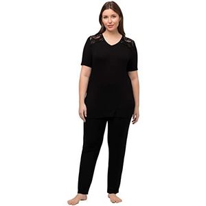 Ulla Popken Dames grote maten plus size pyjama, kant, V-hals, halve mouwen 816228, zwart, 50/52