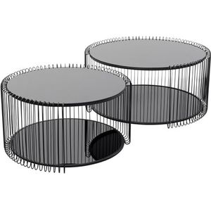 Kare Design salontafel Wire Double set van 2, zwart, 63 cm diameter, veiligheidsglas, woonkamertafel, stalen frame, tafelblad van glas, woonkamer, rond, 34 x 70 x 70 cm (h x b x d)