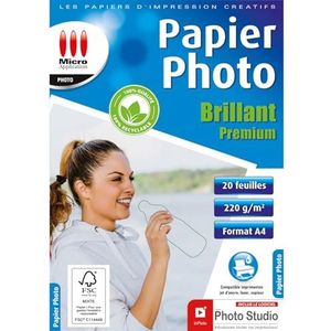 Micro Application - Hoogwaardig glanzend fotopapier - 220 g/m² - 20 vellen - A4-formaat - 100% recyclebaar - FSC-gecertificeerd papier - Polyethyleenvrij - Kunststof vrije verpakking