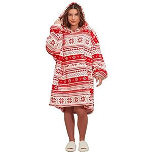 Dreamscene Nordic bedrukte oversized hoodiedeken sweatshirt zachte sherpa fleece plaid gezellige draagbare capuchon deken grote trui - rood en wit, één maat past iedereen