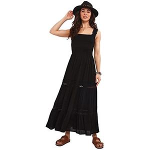 Joe Browns Dames kanten inzetstuk Shirred taille crinkle midaxi jurk, 12, zwart, Zwart, 38