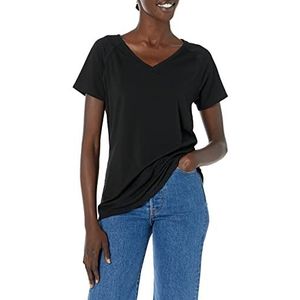 Amazon Essentials Dames Studio lichtgewicht T-shirt met V-hals en korte mouwen en casual pasvorm, Zwart, 14-16