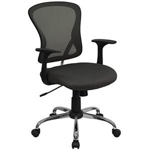 Flash Furniture Werkstoel, middelhoge rugleuning, gaasmateriaal, draaibaar, met chroombasis en armleuningen, metaal, donkergrijs, 74 x 61 x 28 cm