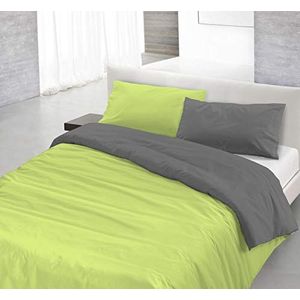 Italian Bed Linen Naturel Color Dekbedovertrek Set met Doubleface Effen Kleur Zaklaken en Kussensloop, Zuur Groen/Rook, Kleine Tweepersoons