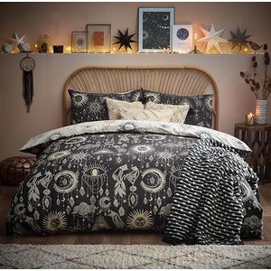 furn. Constellation dekbedovertrekset - hemelstelsel-print met sterren en manen, omkeerbaar polykatoenen beddengoed (houtskool/crème - kingsize)