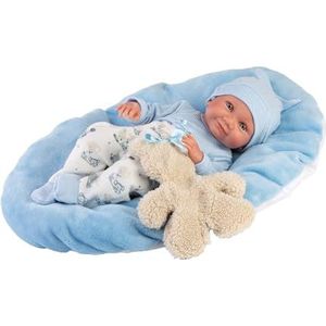 Llorens 1073807 Pop Nico, met blauwe ogen, babypop met vinyl lichaam, incl. outfit, teddybeer en blauw knuffelkussen, poppenjongen, New Born, 40 cm