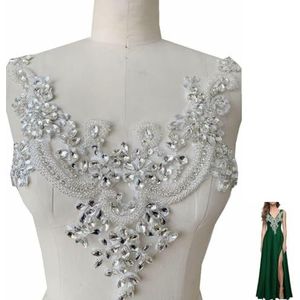 Handgemaakte strass steentjes kant applique handnaaien kralen trim patches hals voor jurk kleding accessoire (wit)