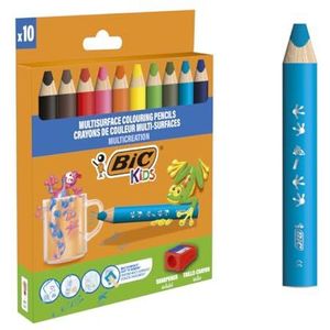 BIC Kleurpotloden voor verschillende oppervlakken en toepassingen (leisteen, bord, glas, karton, kunststof, hout enz.) – kartonnen etui met 10 brede potloden voor kinderen, XXL-vulling, verschillende