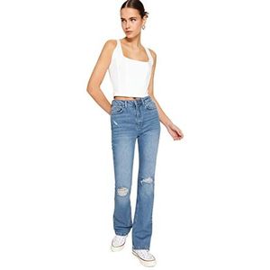 TRENDYOL Damestrui met hoge tailleband, rechte pijpen, flared jeans, blauw, 34