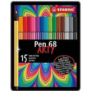 Premium Viltstift - STABILO Pen 68 - metalen etui met 15 stuks - met 15 verschillende kleuren
